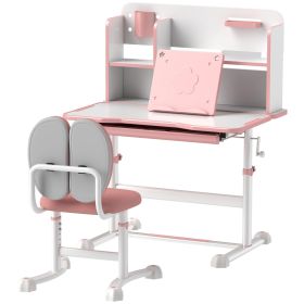 Height Adjustable Kids Desk and Chair Set for Writing Drawing w/ Tilt Desktop, Storage Drawer and Reading Rack, Pink