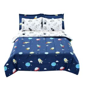 VEVOR Kids Comforter Set, 7 Pieces, Twin Bedding Sets with 1 Comforter, 1 Flat Sheet, 1 Fitted Sheet, 4 Pillowcases, Soft Microfiber & Space Prin