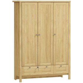3 Doors Wardrobe Closet with 2 Drawers, Bedroom Armoire with Lockable Drawer, Hanging Rod and Storage Shelves, Natural