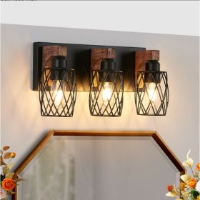 18inch Industrial Vintage 3-Light Wall Sconce - Black Cage Wall Lighting Fixture With Wooden Accents For Bathroom, Hallway, Or Living Room Bulb N (Option: Walnut and black)