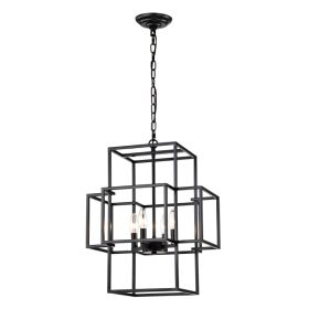 4-Light Metal Lantern Tiered Pendant Hanging Light Fixtures, Industrial Farmhouse Adjustable Height Chandeliers For Dining Room Hallway Foyer Ent (Option: Matte Black)