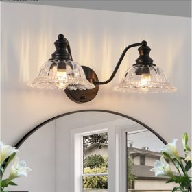 20 Inch 2-Light Vintage Bathroom Wall Sconce - Elegant Black Metal And Glass Lampshade Vanity Light Fixture For Bathroom, Hallway, Or Bedroom Bul (Option: Black)